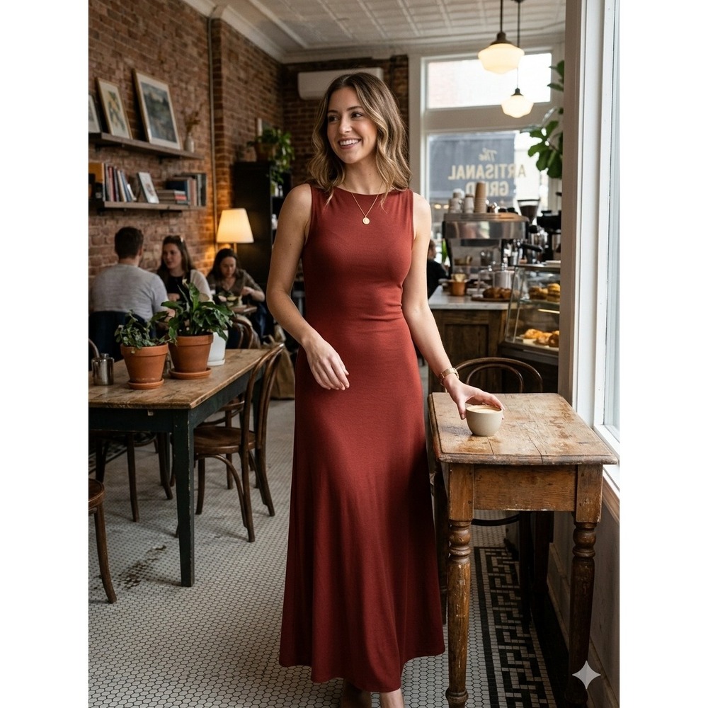Philippe Adec Rust Red Sleeveless Maxi Dress Boat Neck Viscose Blend Size 6